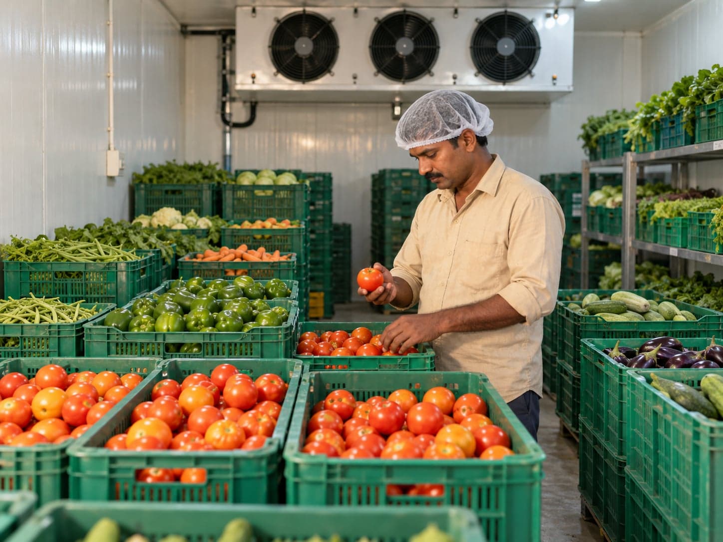 An operator checking fresh vegetables in a refrigerated storage room.