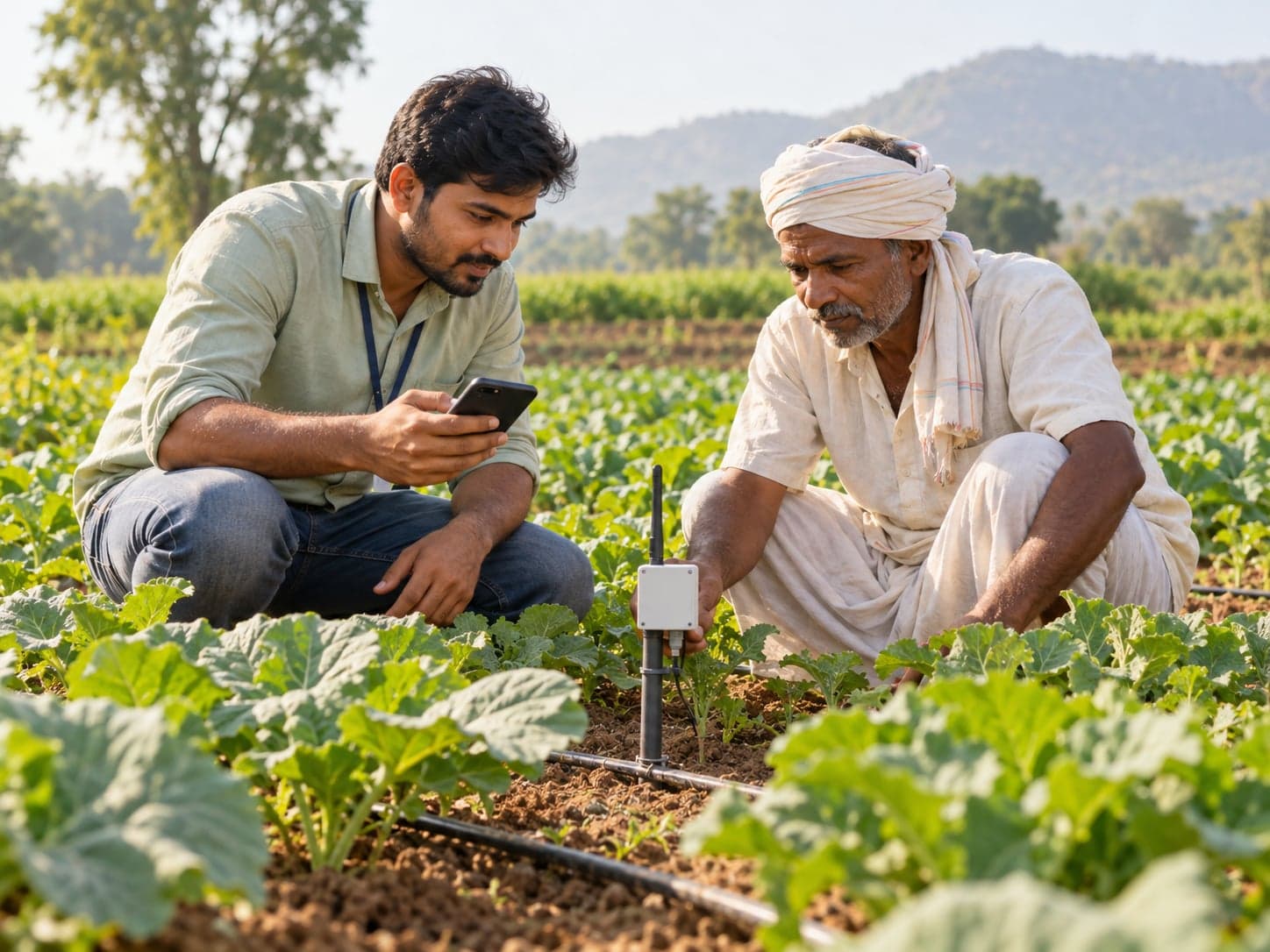 An agronomist and farmer testing a sensor beside vegetable crops.