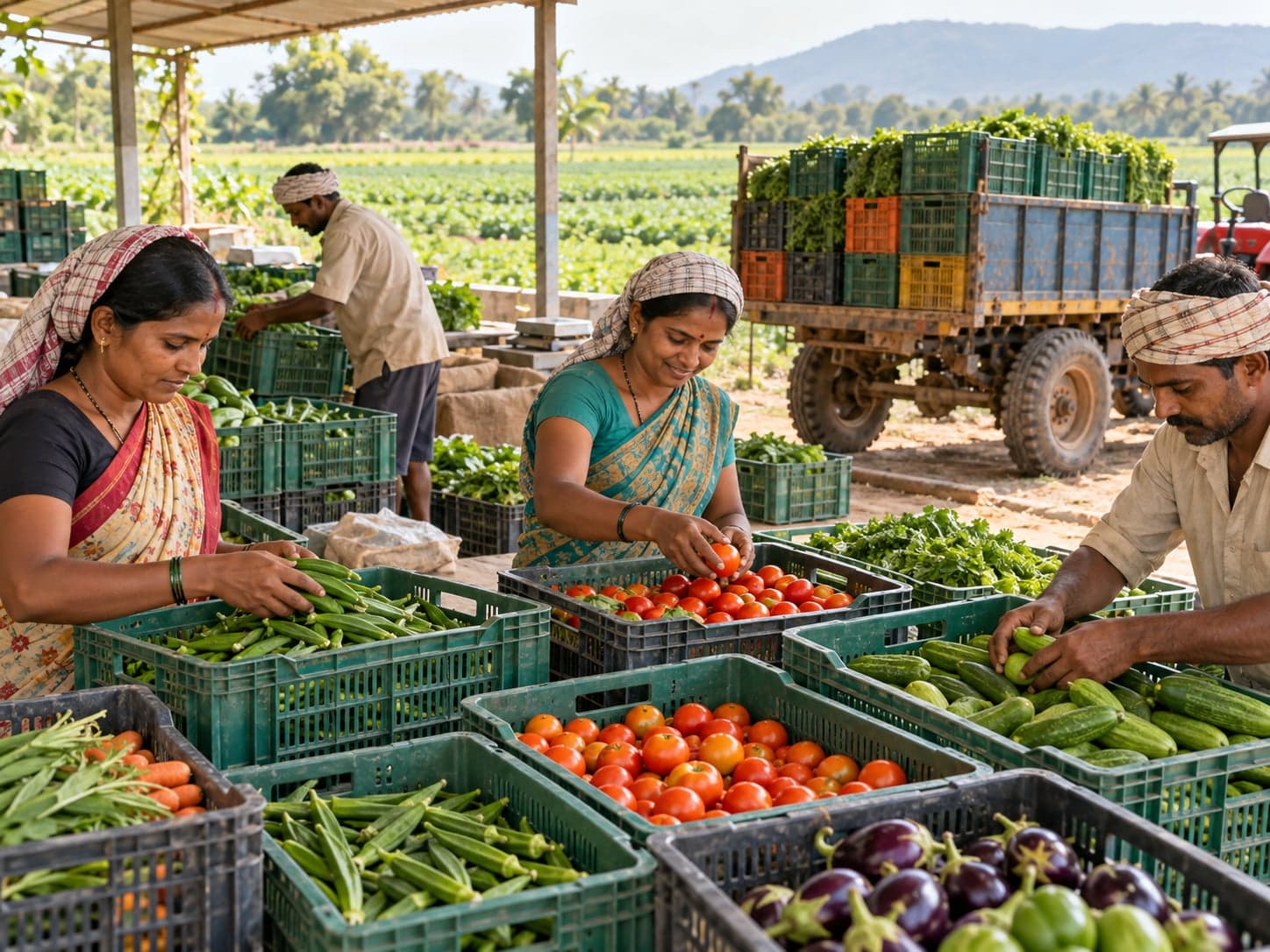 Growers carefully packing fresh vegetables into reusable crates for dispatch.