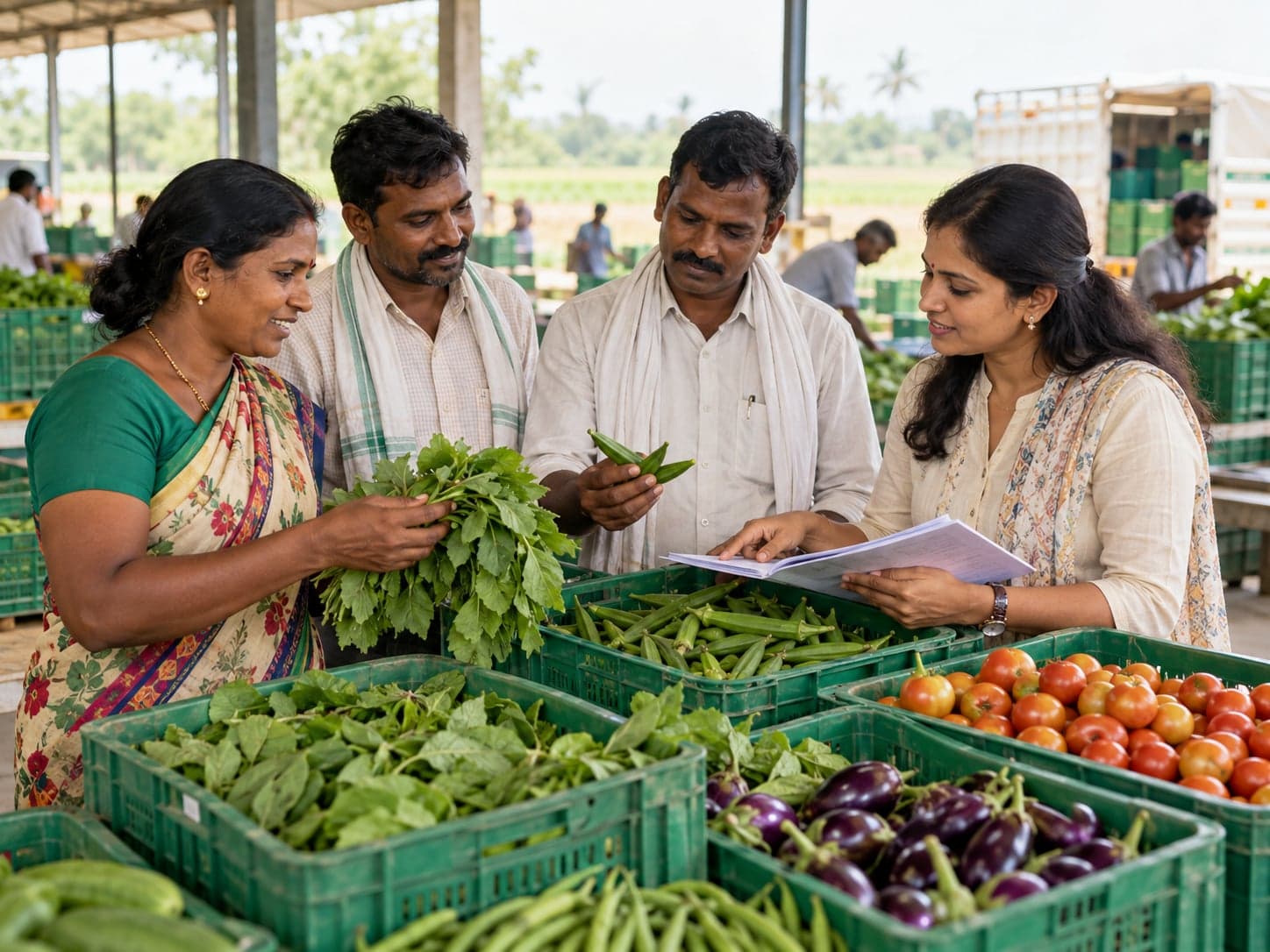 Growers and a buyer discussing produce quality and records at an aggregation shed.