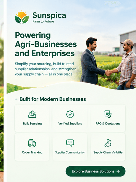 Illustration of a business buyer shaking hands with a farmer in a field, above icons for bulk sourcing, suppliers, quotations and supply-chain visibility.