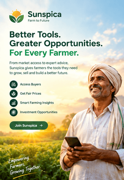 Illustration of a smiling farmer holding a phone in a field at sunrise, with the headline "Better tools. Greater opportunities. For every farmer."