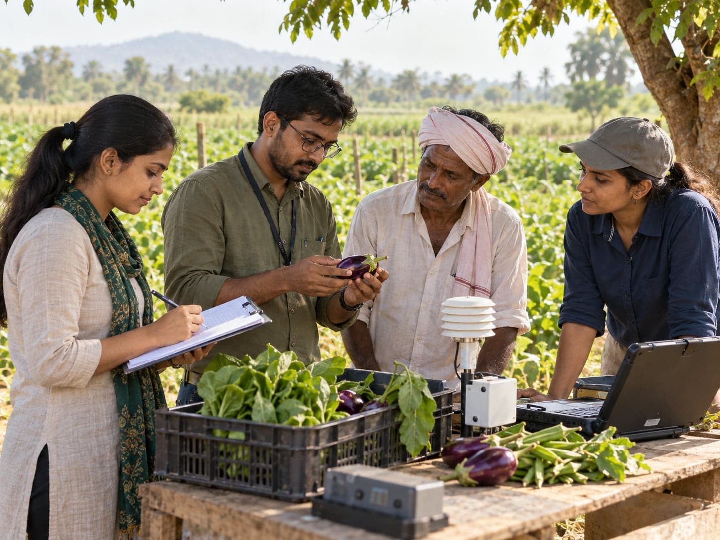 Illustrative field research team examining harvested produce with a farmer.