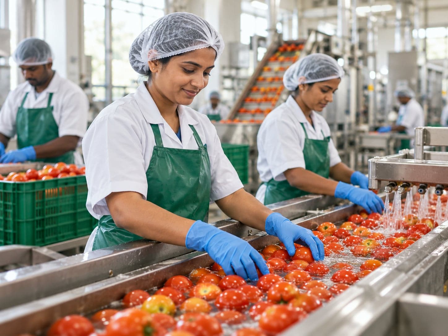 Fresh produce on a processing line in a food factory.